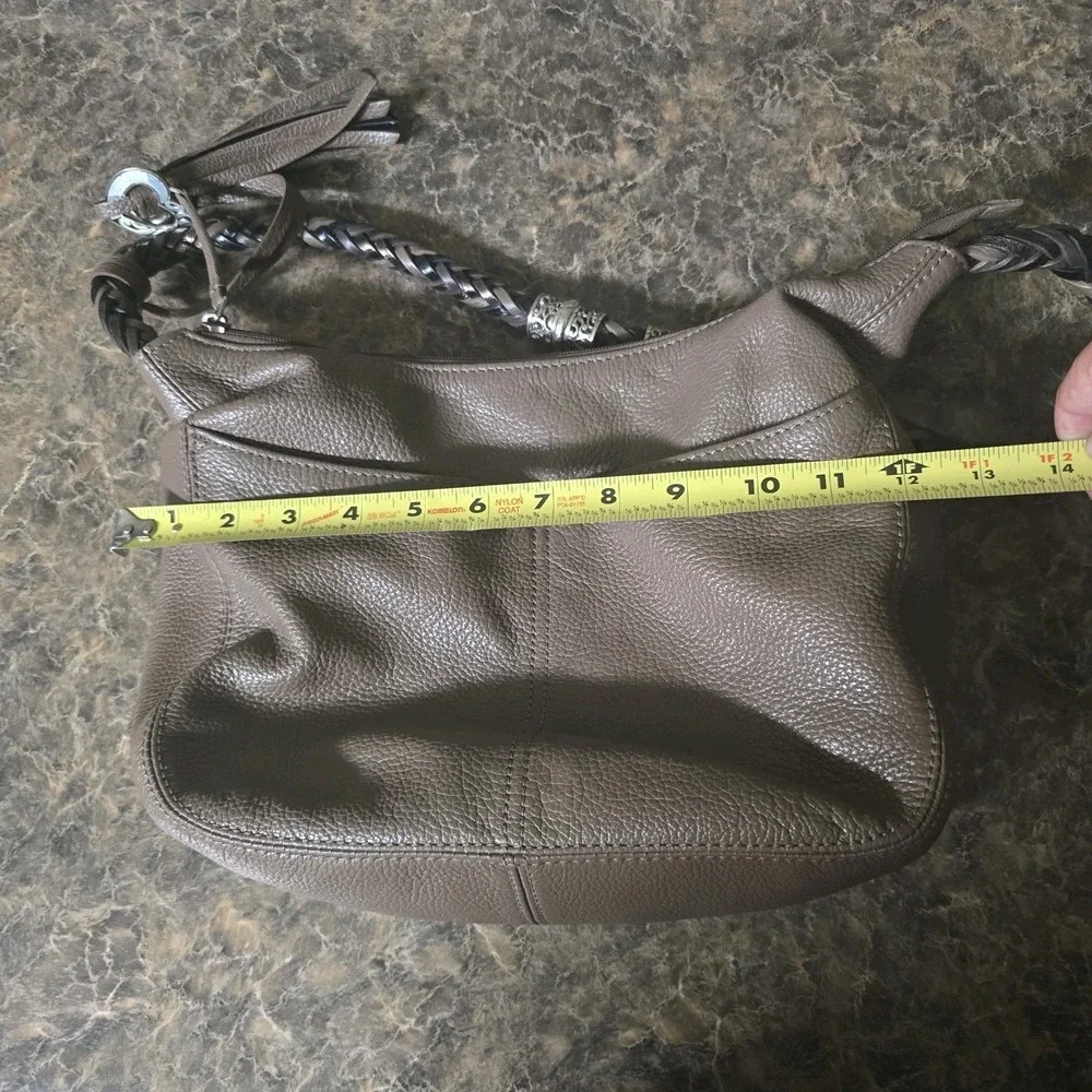 BRIGHTON Pewter Gray Pebbled Leather Hobo Bag Purse Braided Strap